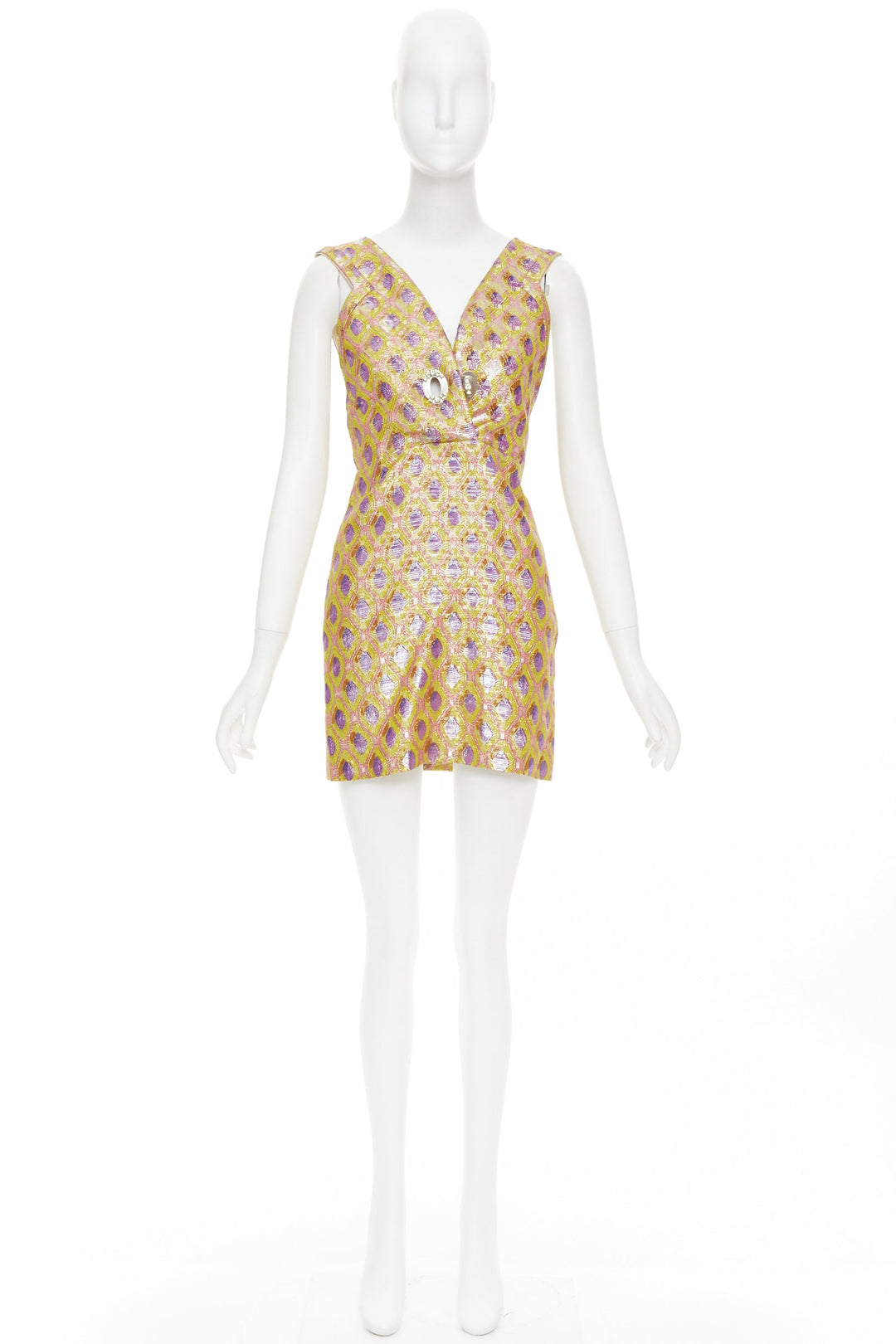 MIU MIU 2009 yellow purple silk wool abstract jacquard turnlock dress IT36 XXS