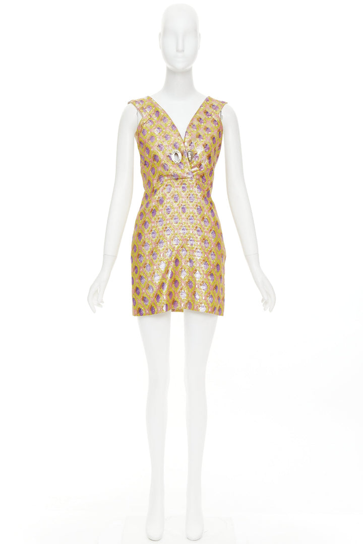 MIU MIU 2009 yellow purple silk wool abstract jacquard turnlock dress IT36 XXS