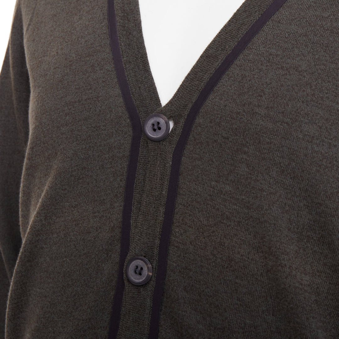 LANVIN 2015 grosgrain trim v-neck cotton merino wool button knit cardigan S