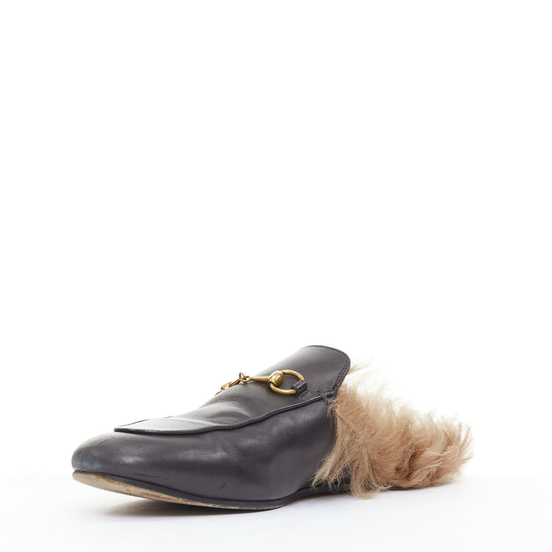 GUCCI Princetown brown fur lined black leather mule loafer EU38