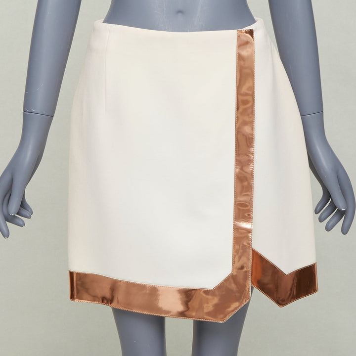 MUGLER cream virgin wool metallic copper PVC edge tulip skirt FR38 M