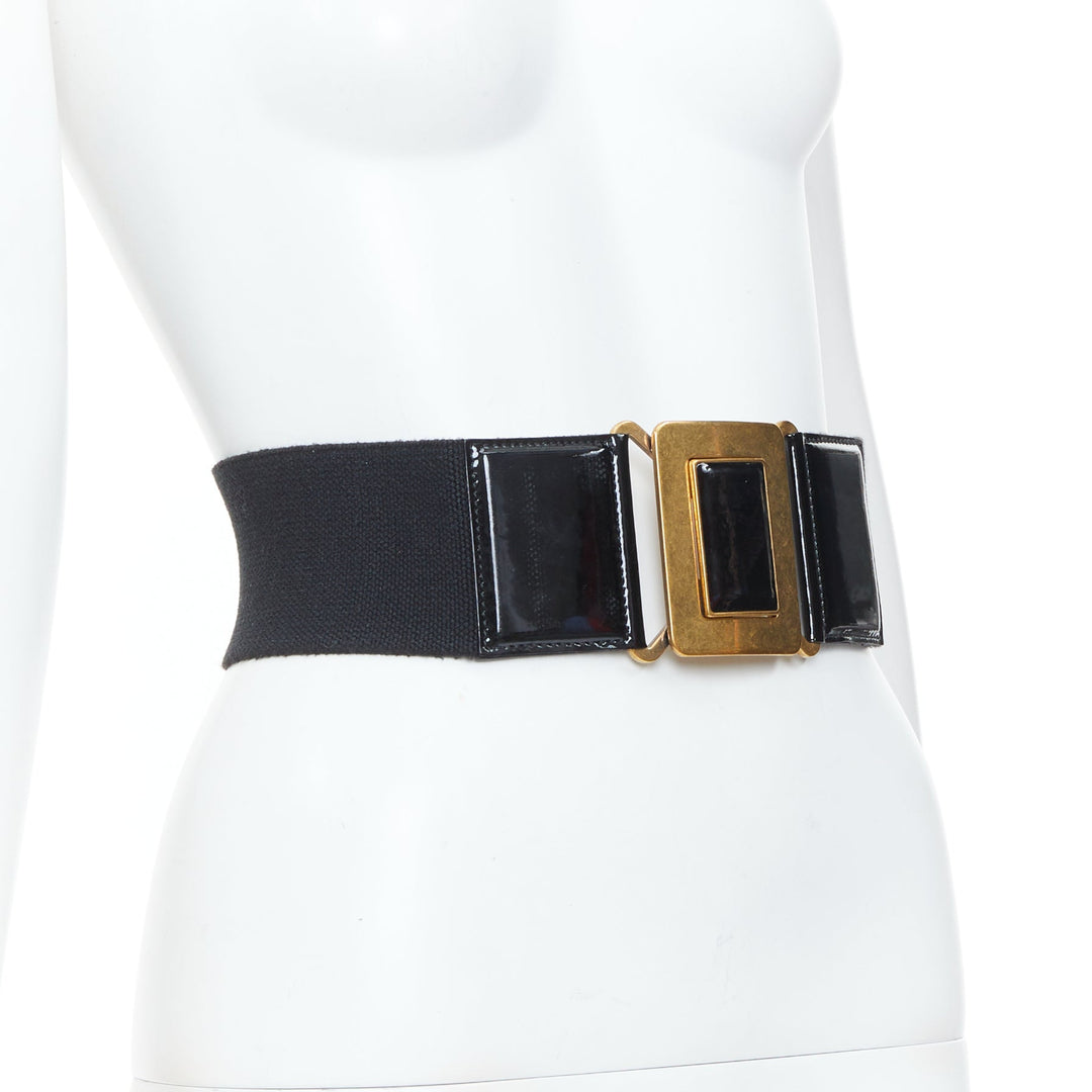 YVES SAINT LAURENT 2002 black patent leather elastic square buckle belt 65cm