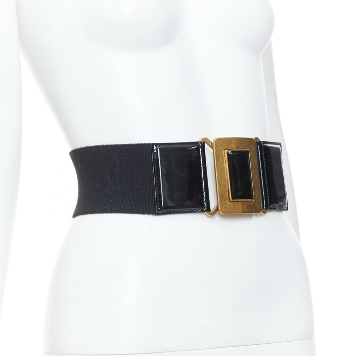 YVES SAINT LAURENT 2002 black patent leather elastic square buckle belt 65cm