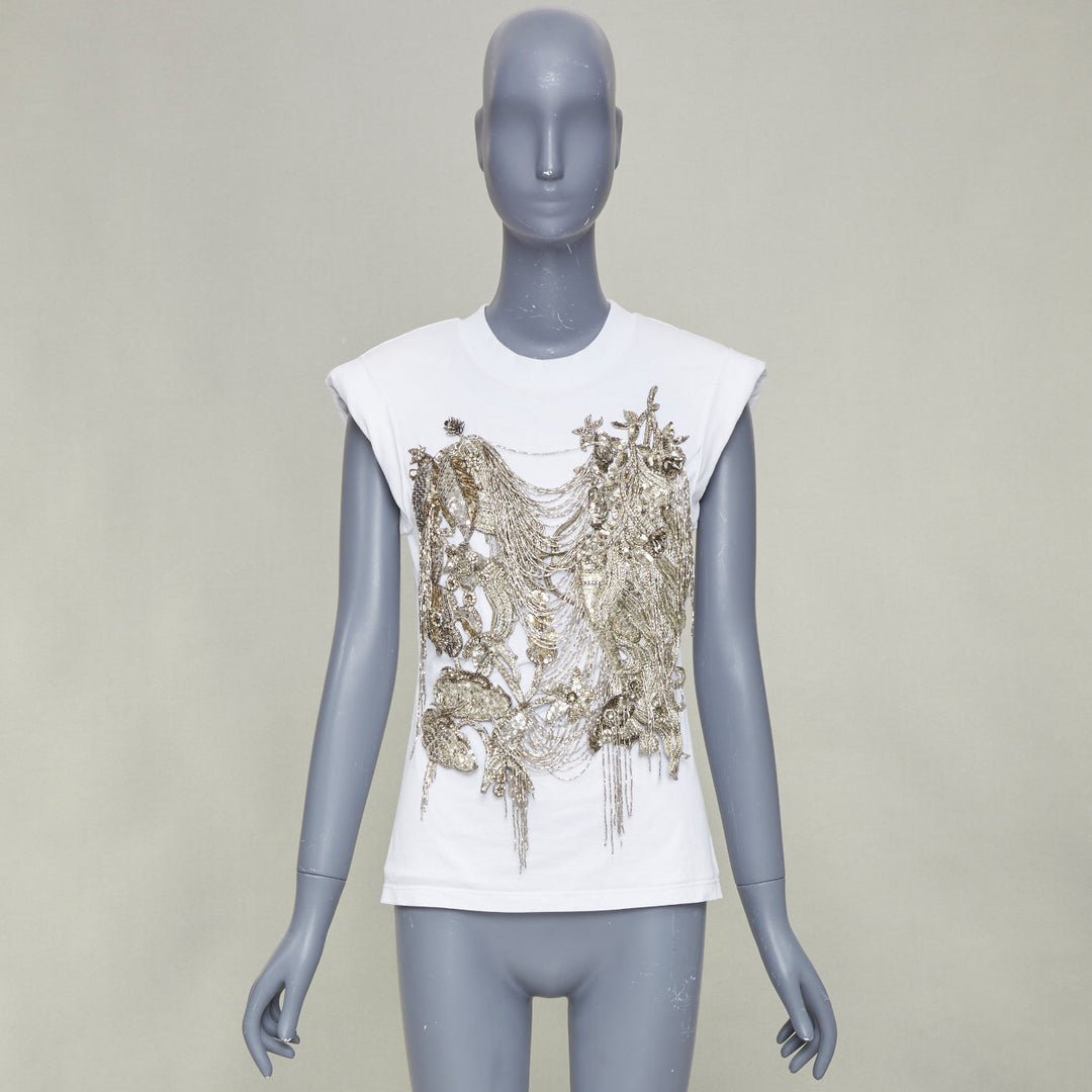 ALEXANDER MCQUEEN 2021 white gold sequin layered chain embroidered top IT38 XS