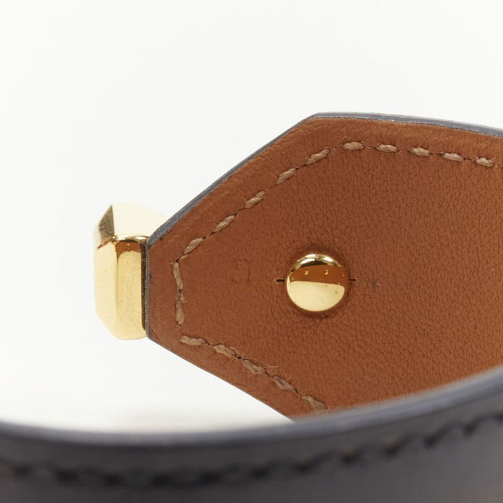 HERMES gold plated brass black leather open cuff minimal bracelet