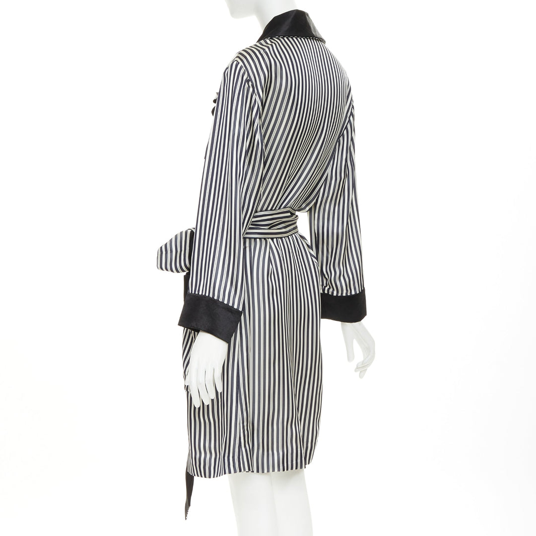 LANVIN grey black striped viscose floral applique belted robe outerwear FR34 XS