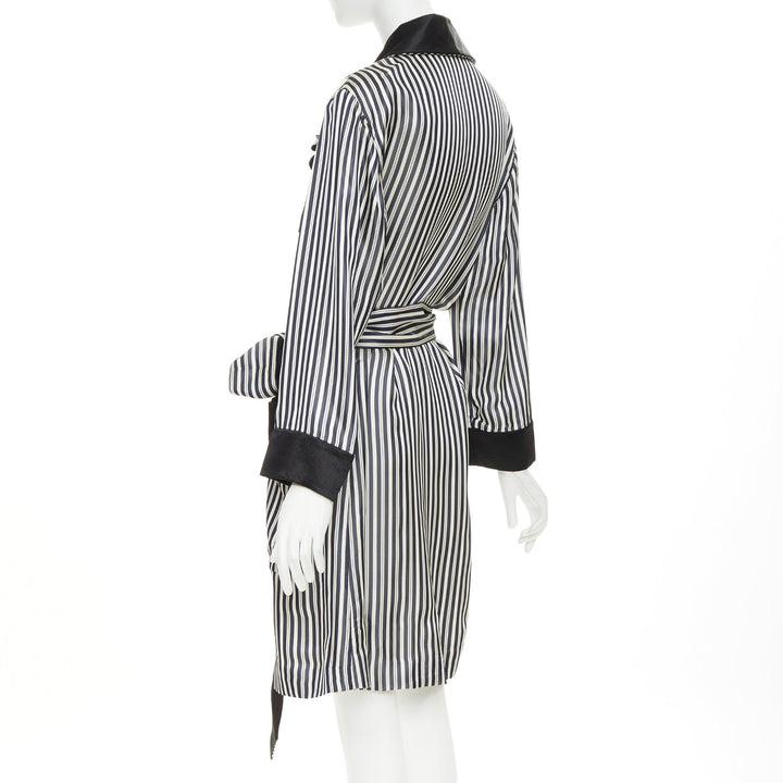 LANVIN grey black striped viscose floral applique belted robe outerwear FR34 XS
