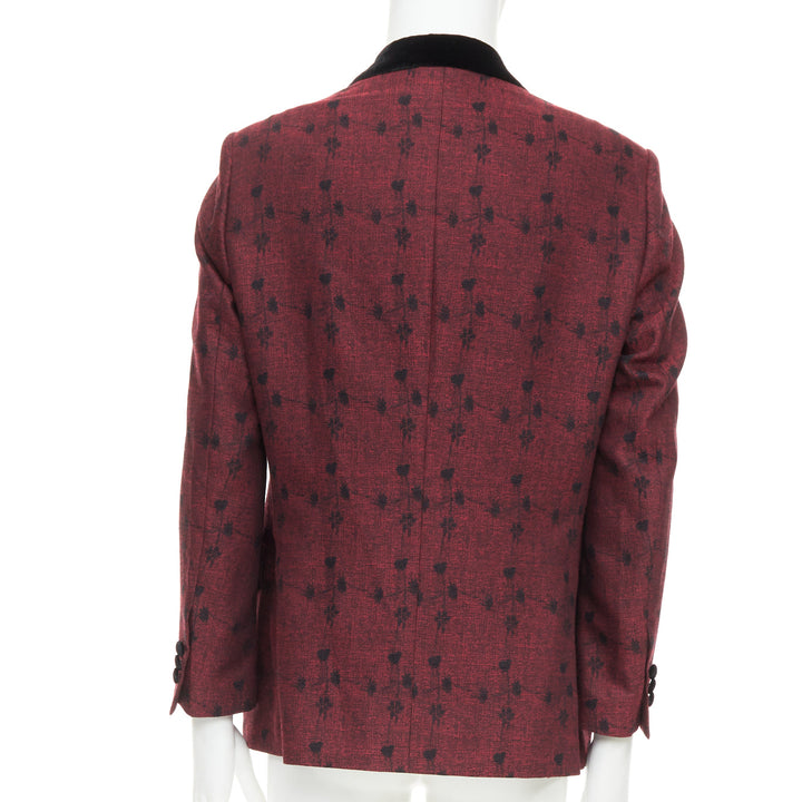 ETRO wine red velvet trim wool silk single breasted floral blazer IT52 XL