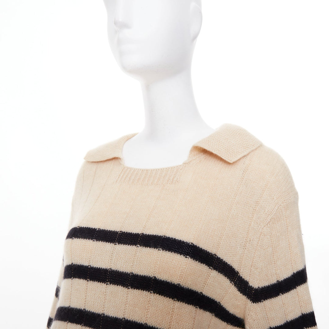 KHAITE 2022 Mateo Butter Black Stripe ribbed cashmere wide collar sweater S