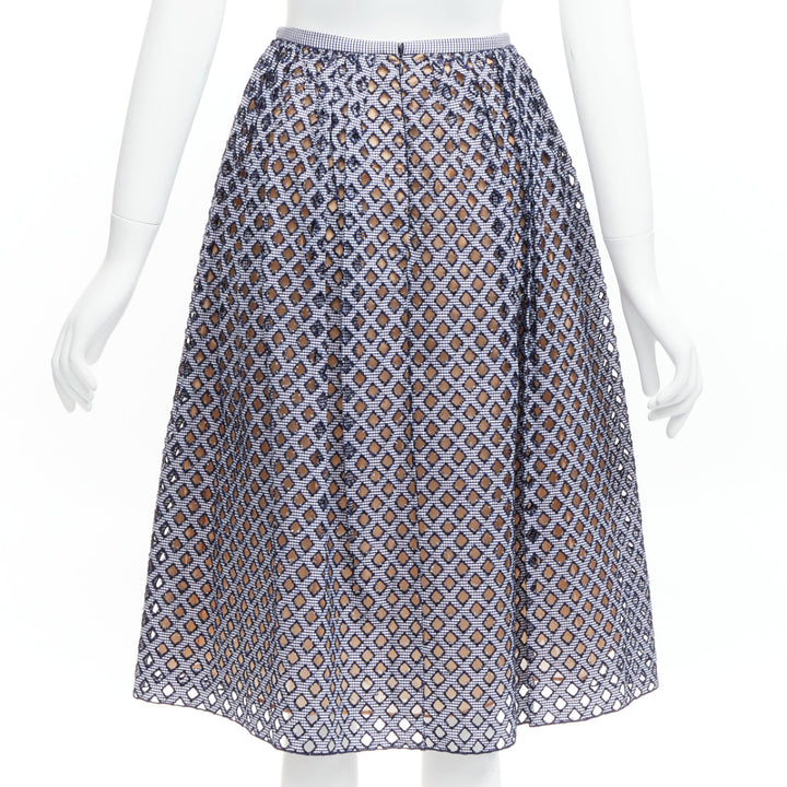 MICHAEL KORS COLLECTION blue beige cotton lattice cut out A-line skirt US0 XS