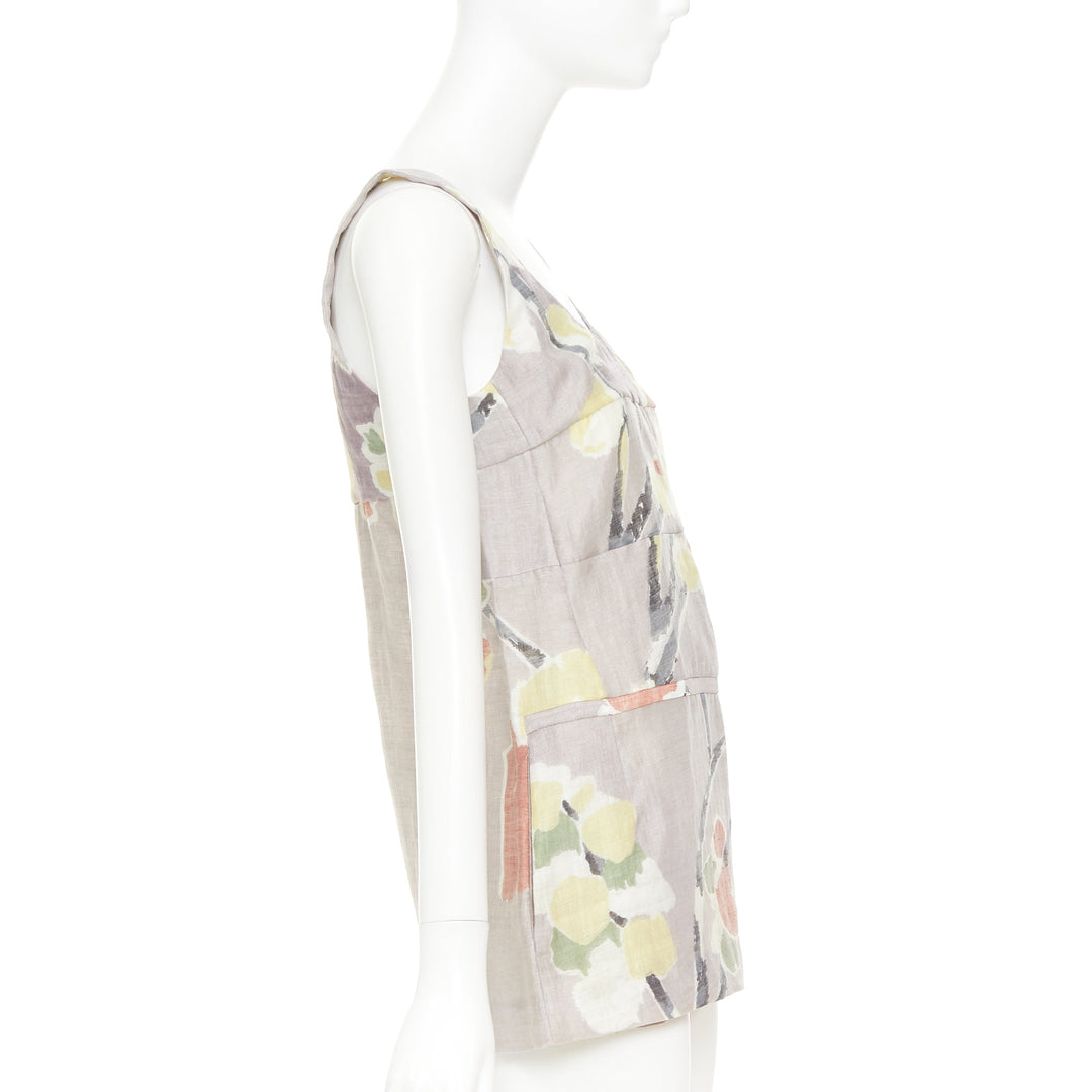 MARNI light grey ramie blend muted floral print panelled scoop neck top IT38 XS