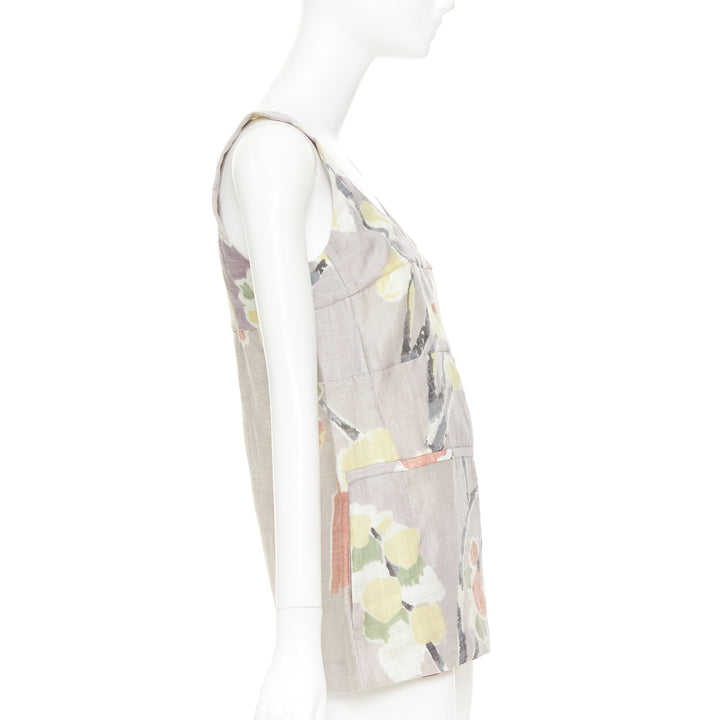 MARNI light grey ramie blend muted floral print panelled scoop neck top IT38 XS