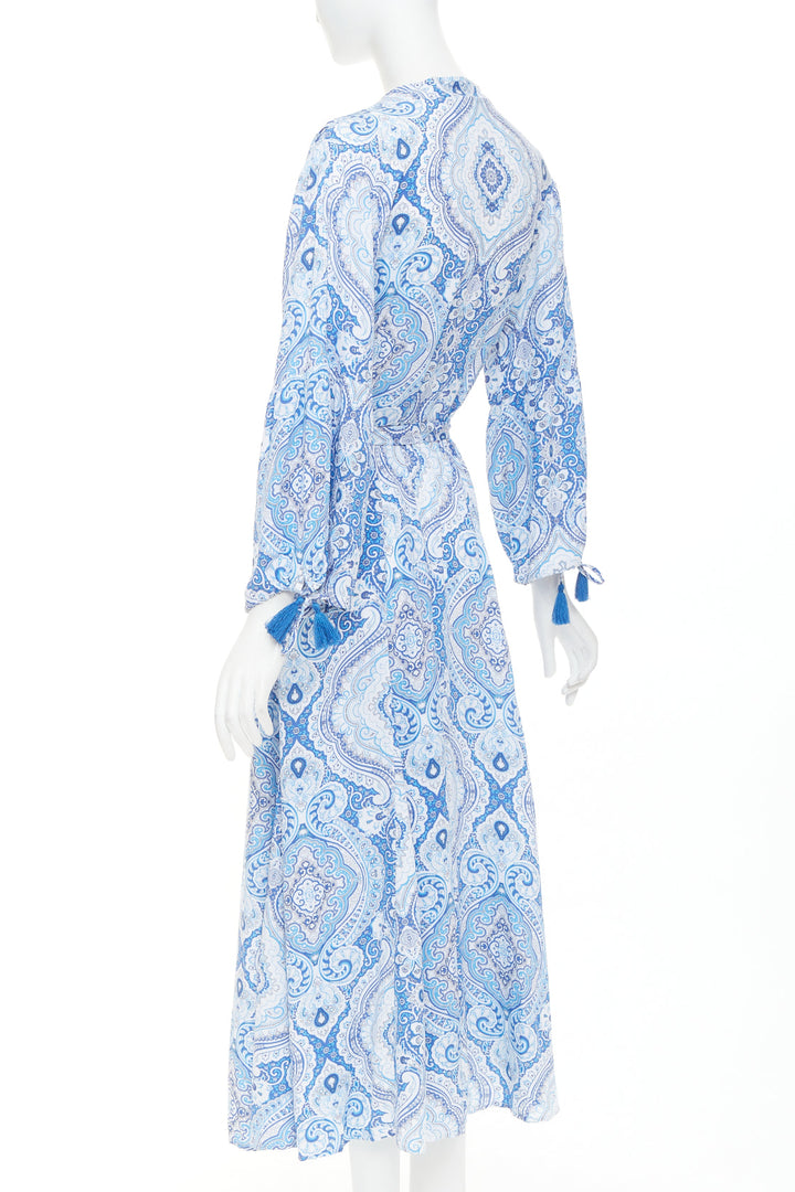 MELISSA ODABASH Gabby blue white floral paisley print viscose  kaftan dress S