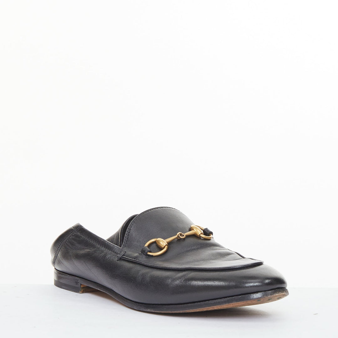 GUCCI 2015 Brixton black leather collapsible heel horsebit loafers EU37.5