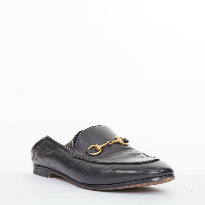 GUCCI 2015 Brixton black leather collapsible heel horsebit loafers EU37.5
