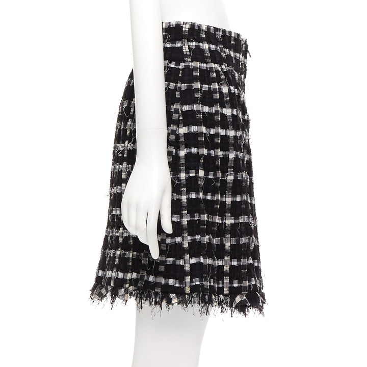 CHANEL black white check raw edge tweed silk lined skirt FR40 L