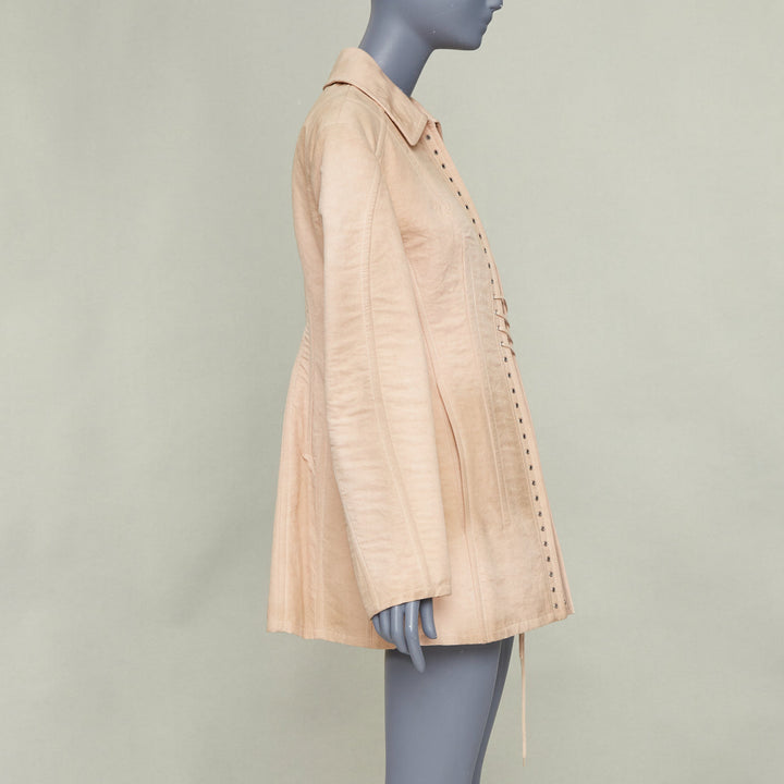 PRADA 2022 Runway Opal Slub pink wash canvas lace up corset jacket IT36 XXS