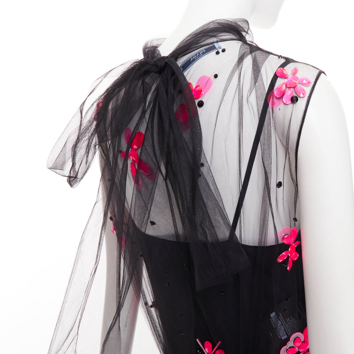 PRADA 2018 Runway neon pink floral bead black tulle sheer midi dress IT40 S