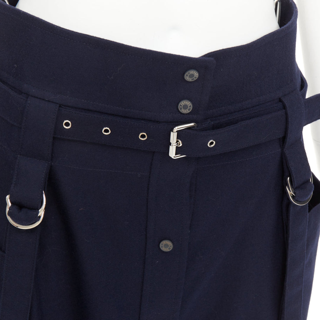 HERMES navy flanelle de laine legere buckle belt button front midi skirt FR36 S