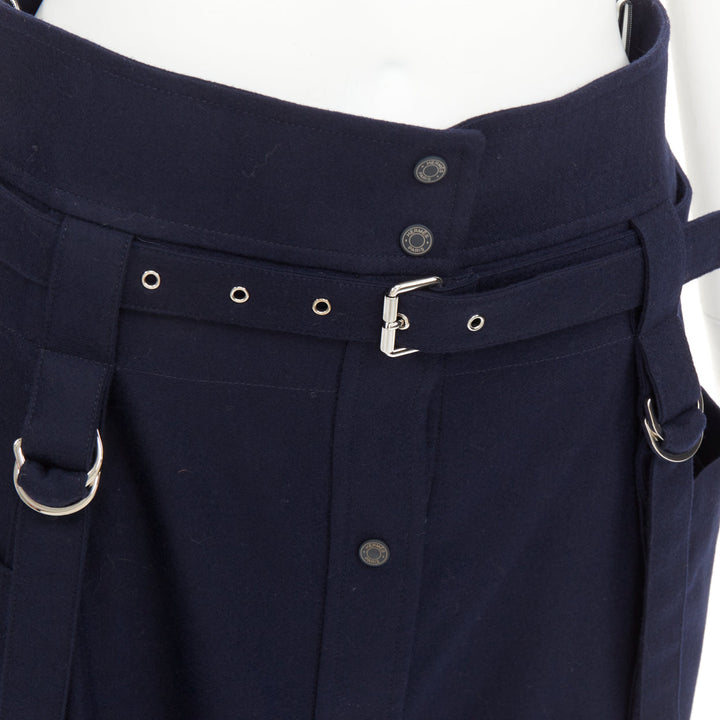 HERMES navy flanelle de laine legere buckle belt button front midi skirt FR36 S