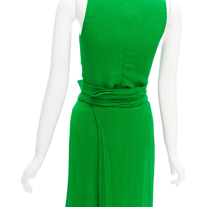PROTAGONIST kelly green plisse silk lined tie belt wrap skirt set US0 XS