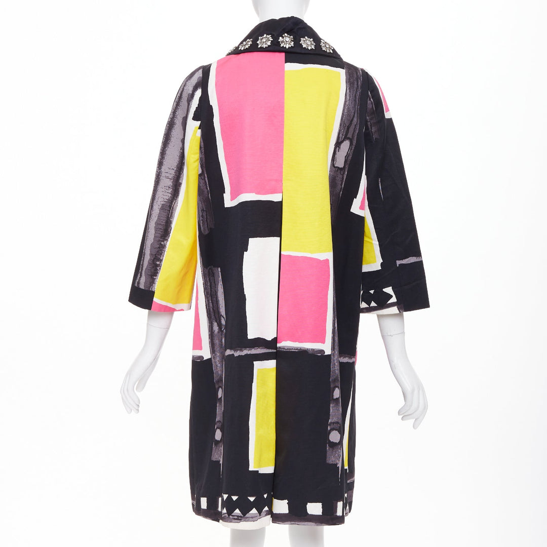 KENZO Defile vintage pink yellow black abstract crystal collar coat FR42 XL
