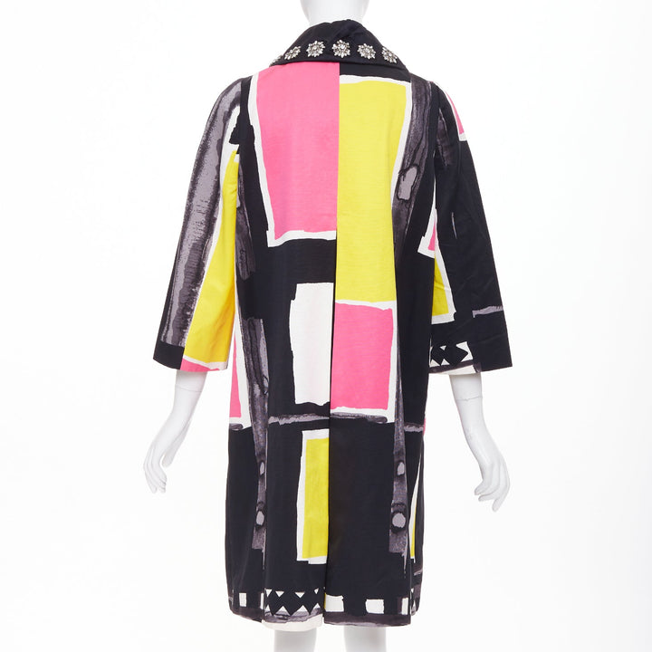 KENZO Defile vintage pink yellow black abstract crystal collar coat FR42 XL
