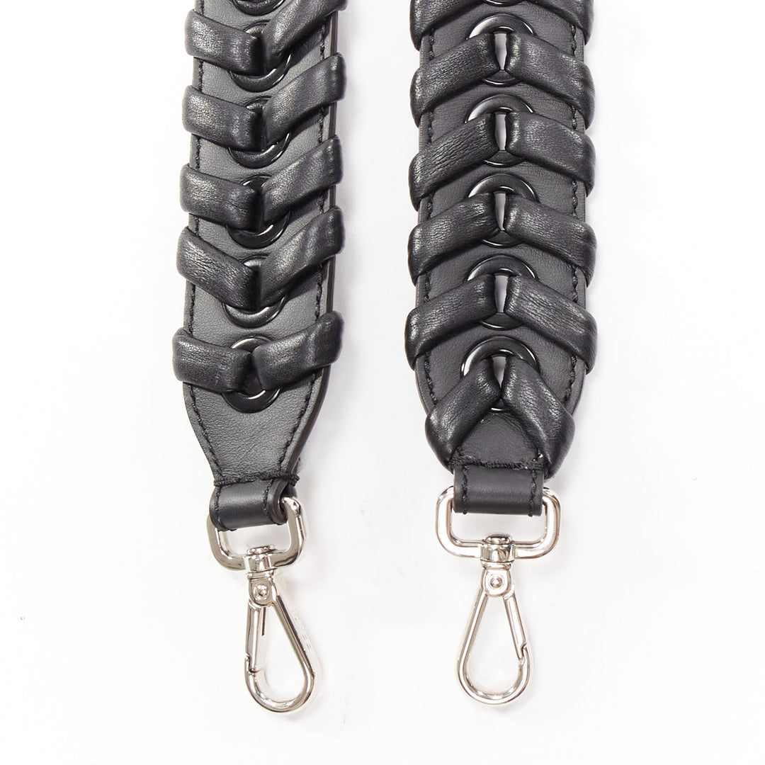 FENDI black woven leather silver hardware long bag strap 45mm