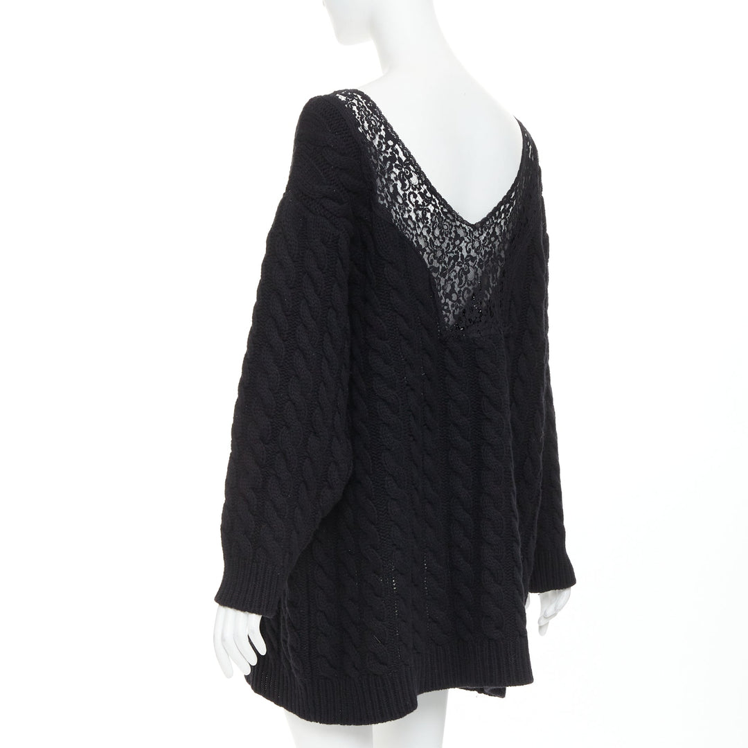 BALENCIAGA DEMNA 2017 black wool cable knit lace plunge oversized sweater FR