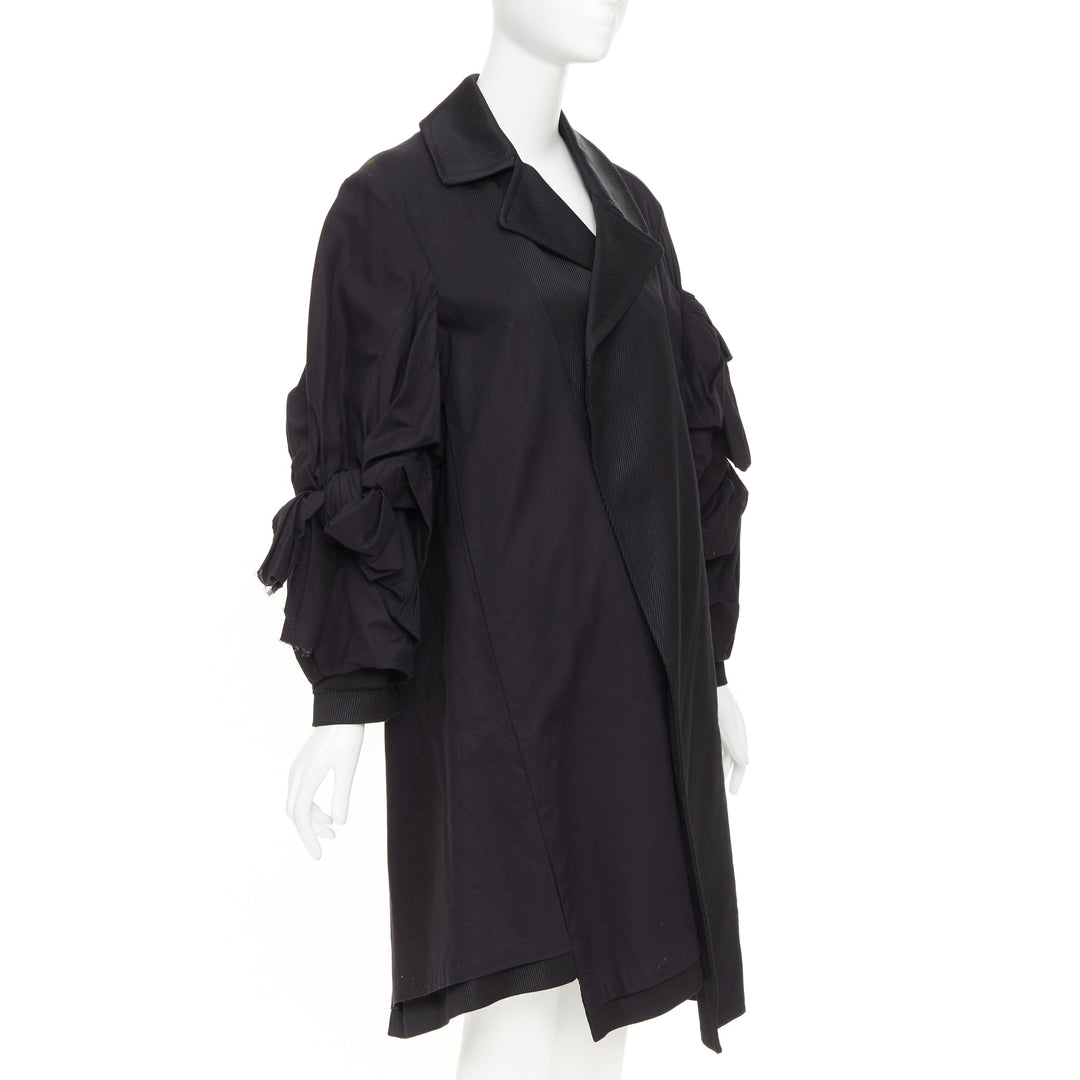 COMME DES GARCONS 2021 black twill cotton ruffled bow sleeve asymmetric coat S