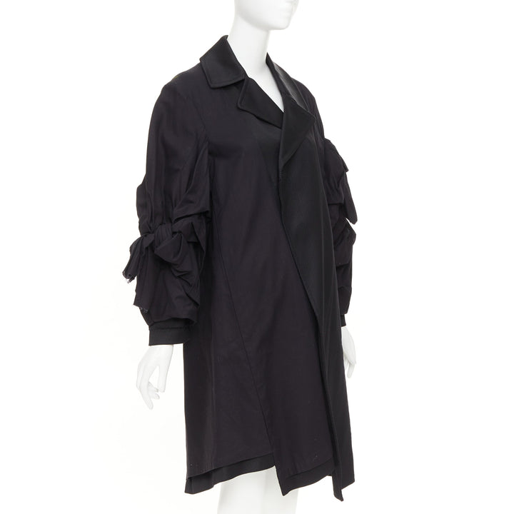 COMME DES GARCONS 2021 black twill cotton ruffled bow sleeve asymmetric coat S