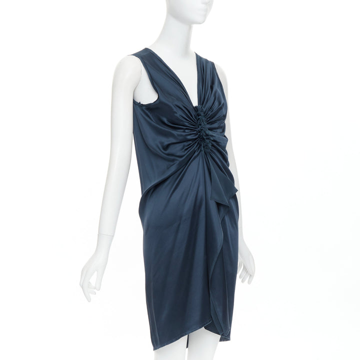 LANVIN 2007  Alber Elbaz  midnight blue silk gathered ruched draped dress FR38 M