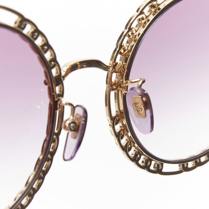 GUCCI GG1113S gold chain rim purple ombre lens round oversized sunnies