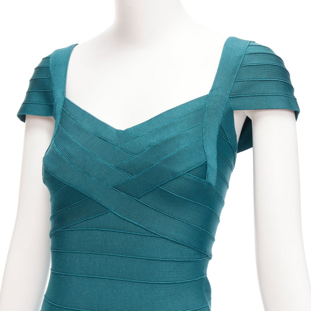 HERVE LEGER teal green cap sleeve sweetheart fit flare bandage dress S HERVE LEGER teal green cap sleeve sweetheart fit flare bandage dress S
