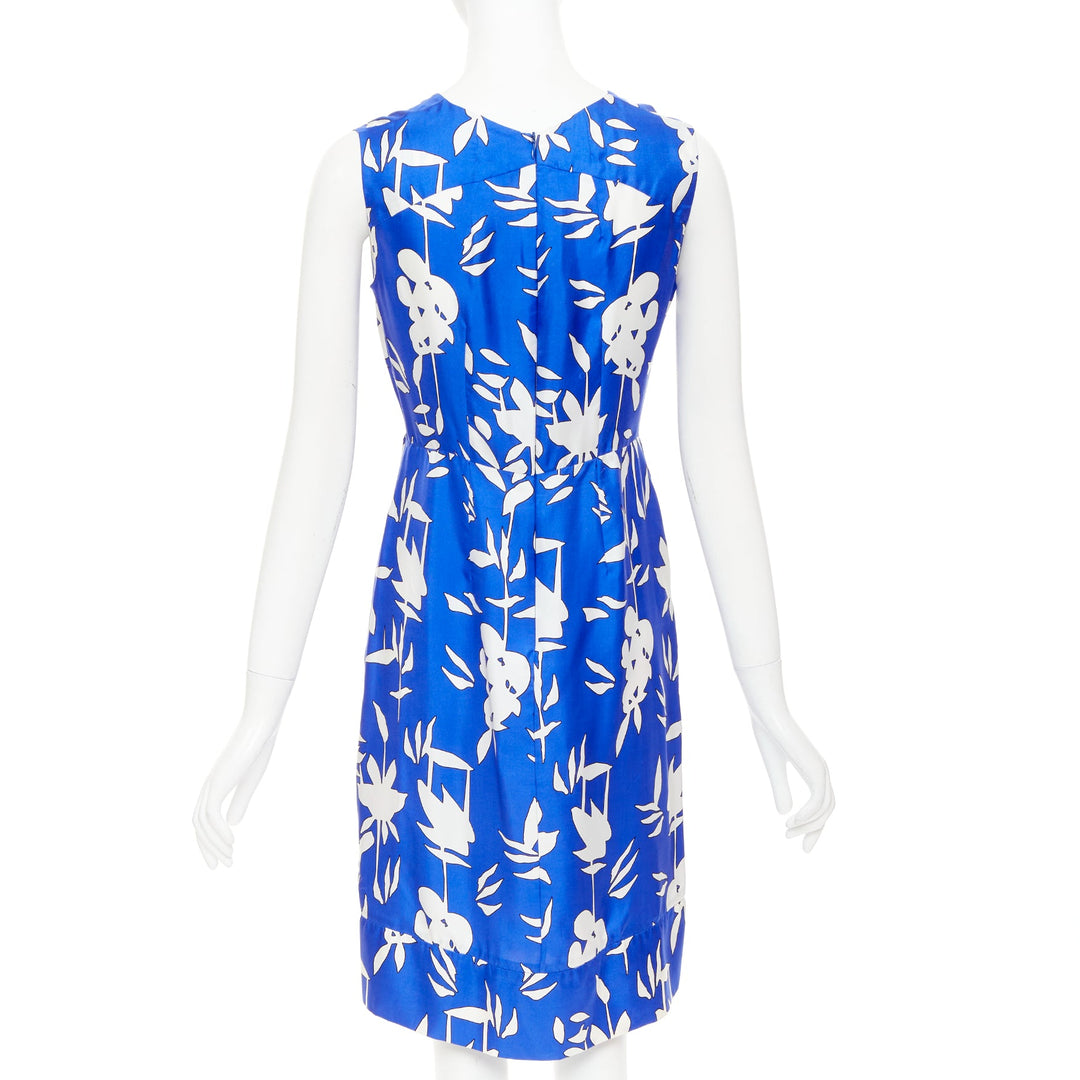 MARNI eletric blue white 100% silk abstrct floral pleated sheath dress IT42 M