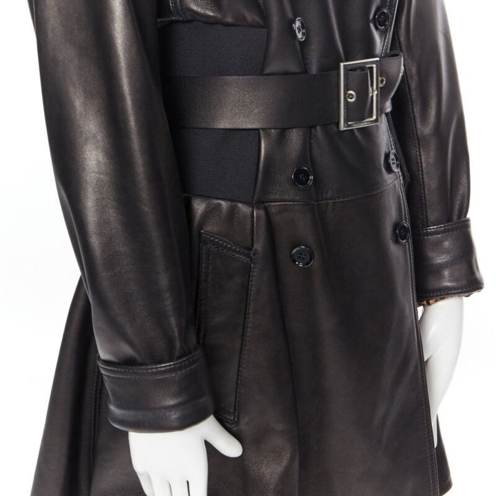 DOLCE & GABBANA dark brown nappa leather double breasted silver buckle belt coat