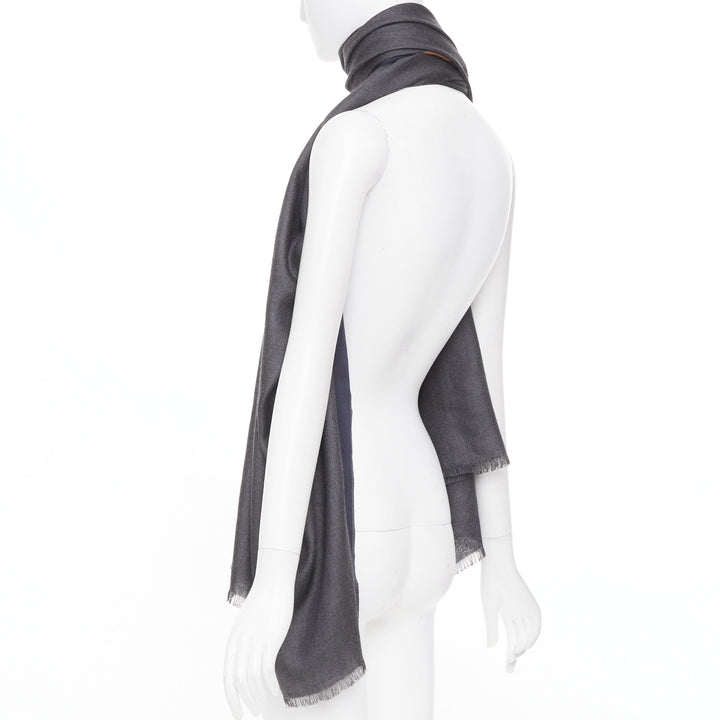 LORO PIANA Balat Stola grey navy camel cashmere silk fringe lightweight scarf