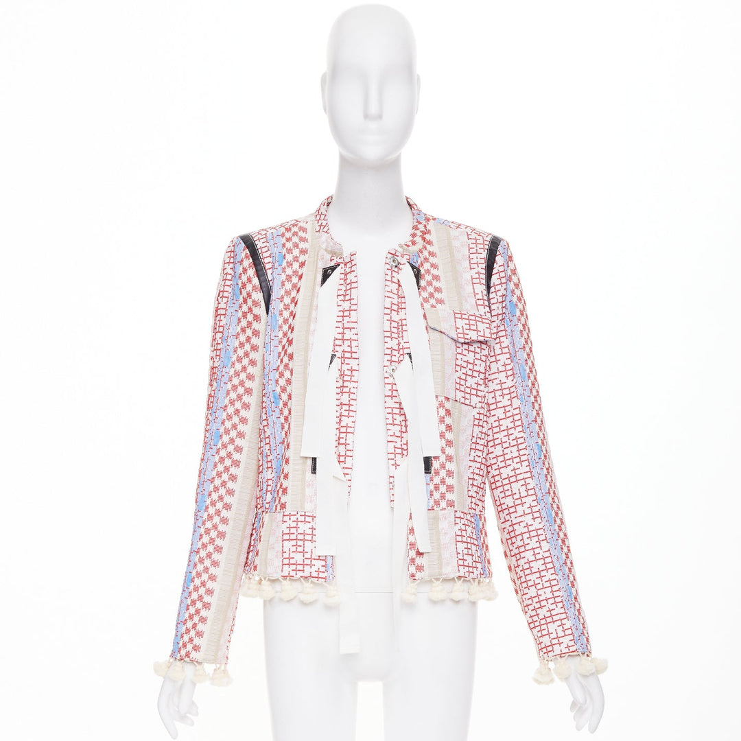 ALTUZARRA 2016 Runway Ghianda geometric check weave pompom jacket FR42 L
