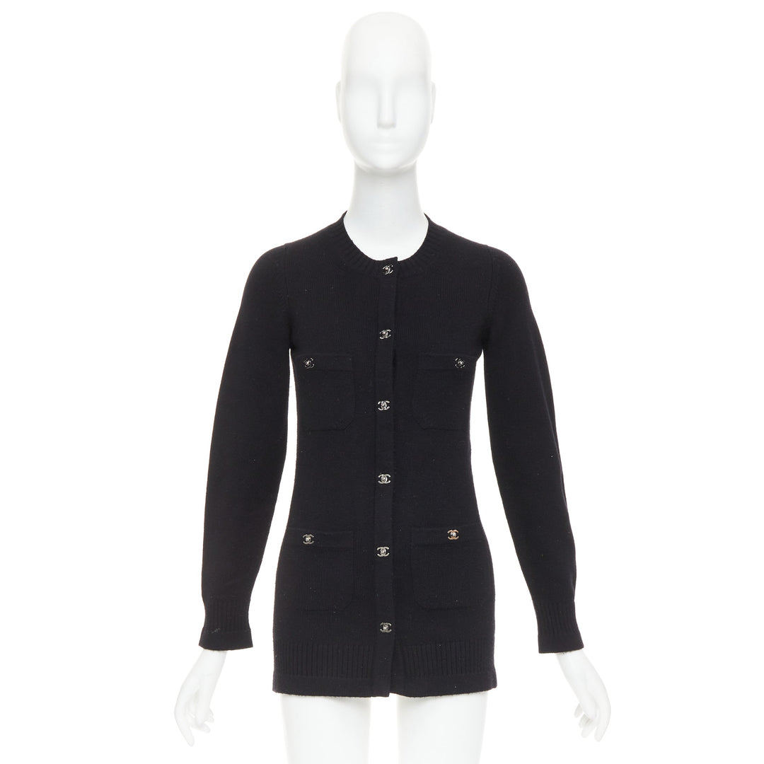 CHANEL 100% cashmere black silver-tone CC turnlock 4 pocket cardigan FR34 XS