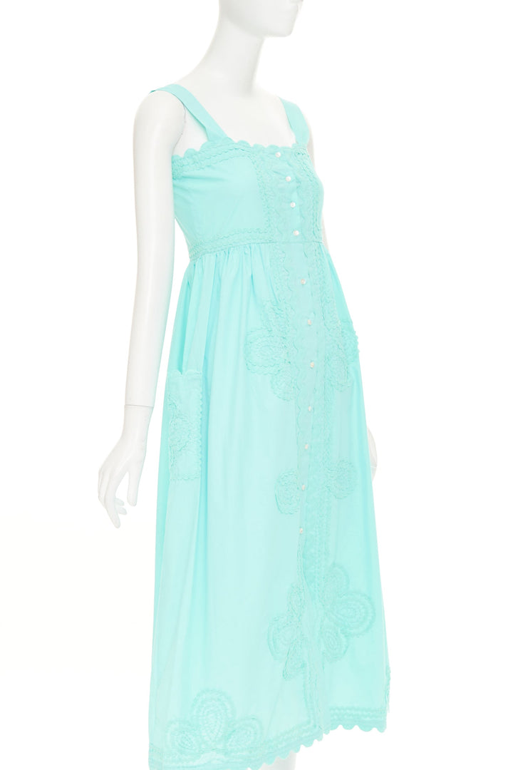 JULIET DUNN squiggle applique neon aqua cotton square neck sundress US1 XS