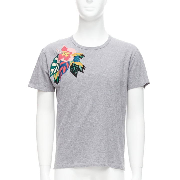 VALENTINO grey cotton multicolour Cuban Flower patch crew neck tshirt M