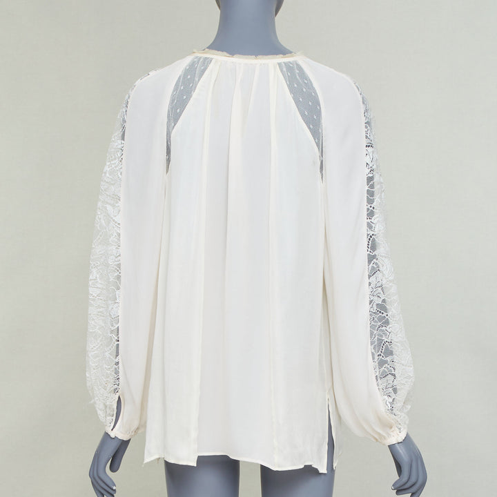 EMILIO PUCCI 100% silk ivory lace trim puff sleeves boho peasant blouse IT40 S