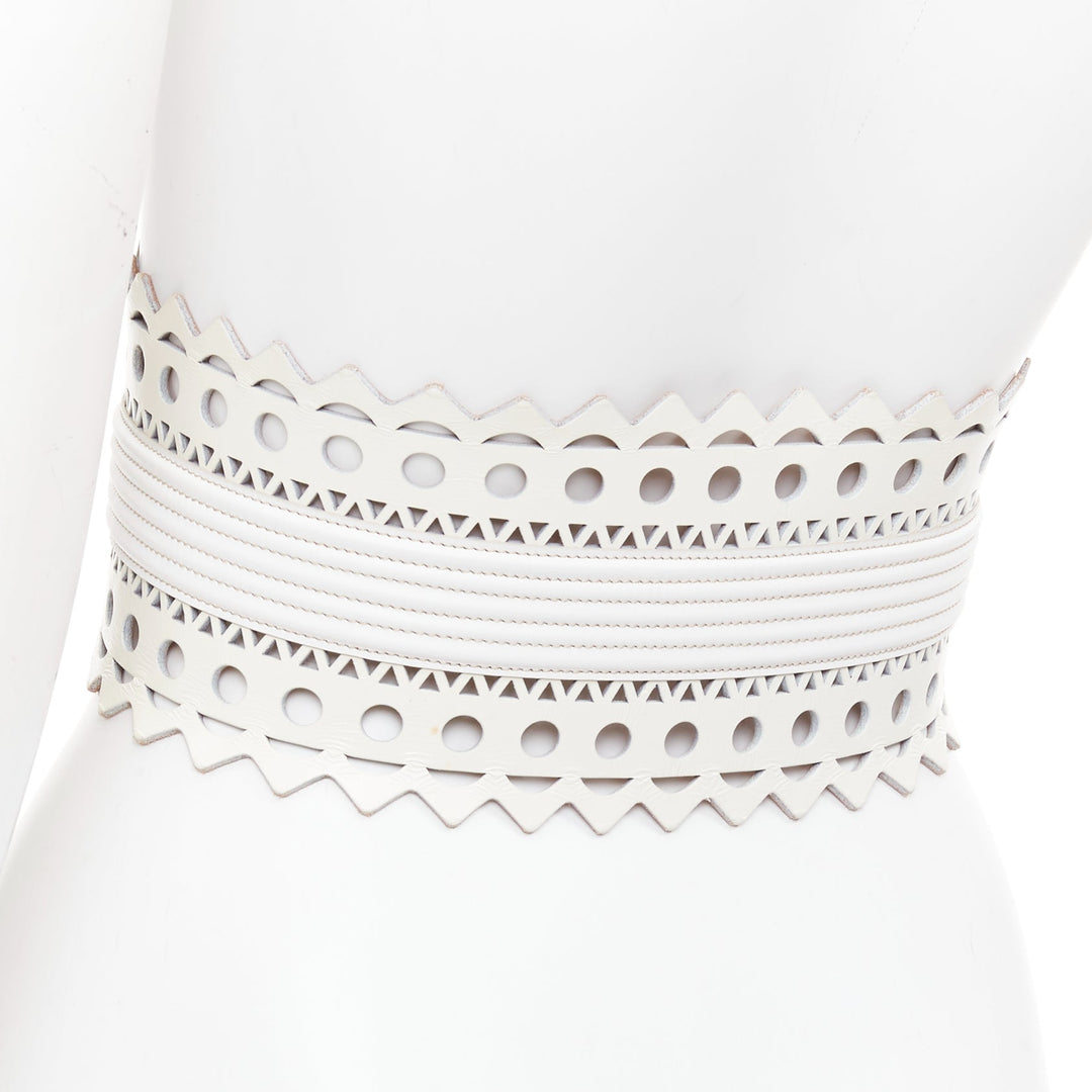 ALAIA Vienne white leather laser cut cinched corset wide belt 65cm