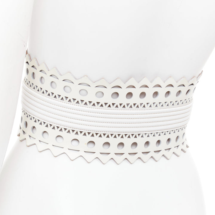 ALAIA Vienne white leather laser cut cinched corset wide belt 65cm