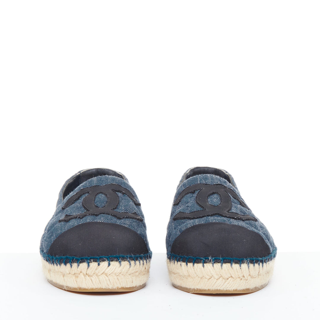 CHANEL 2016 blue embossed denim animal pattern quilted CC espadrilles shoes EU39