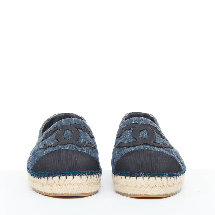 CHANEL 2016 blue embossed denim animal pattern quilted CC espadrilles shoes EU39