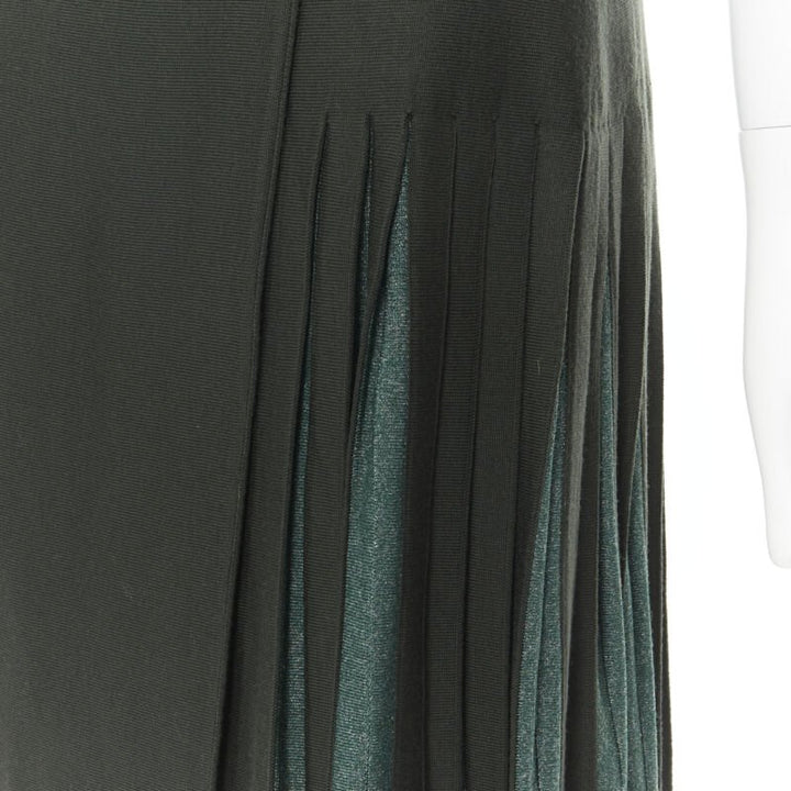 vintage ALAIA dark green wool blend pleated hem wrap flared skirt FR40 M