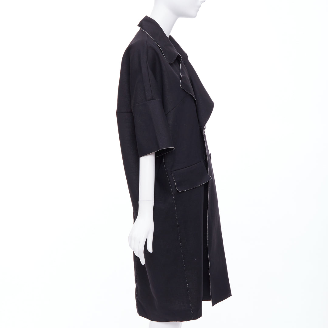 MARNI black wool linen frayed edge double breasted long coat IT38 XS