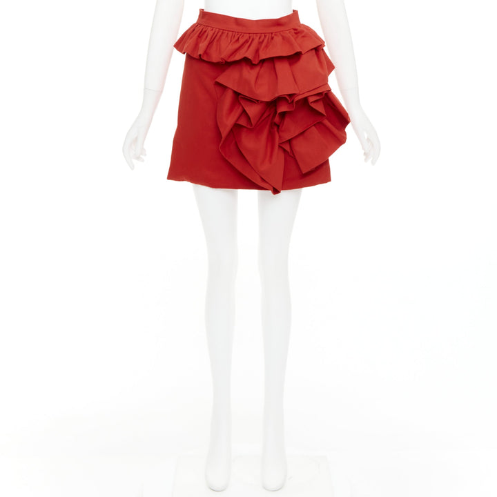 LOU LOU red cotton twill ruffle front high waisted mini skirt XS