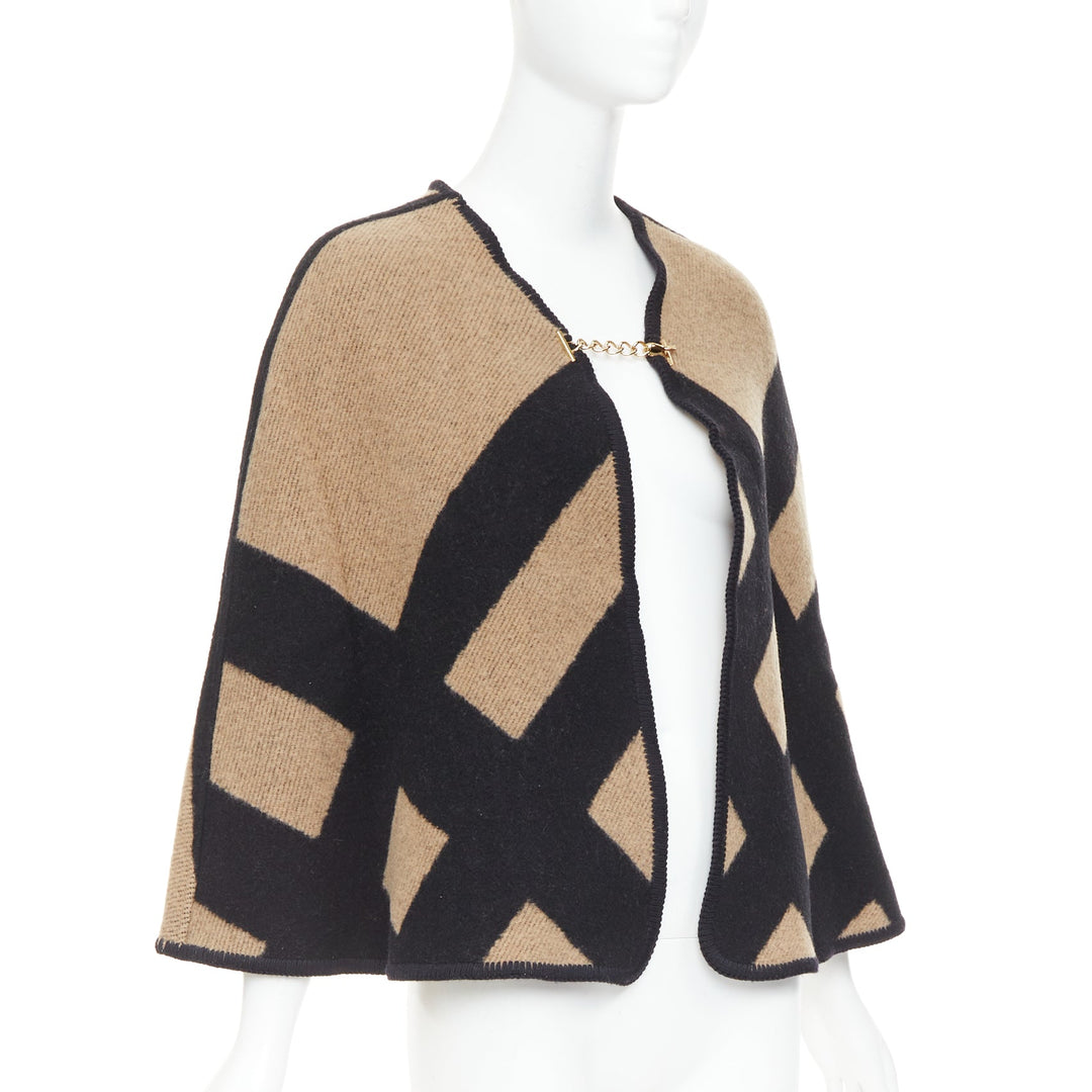 BURBERRY beige  House Check wool cashmere chained cape blanket poncho